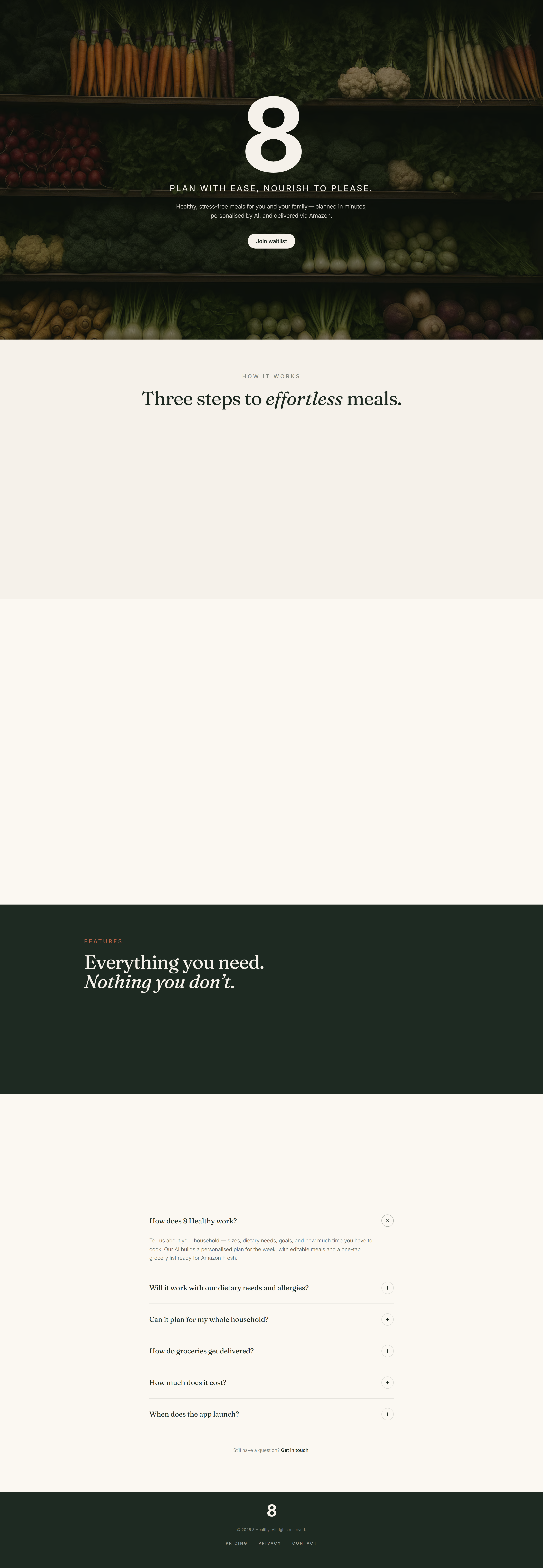 Pre-launch waitlist site — restrained brand, full-bleed food photography