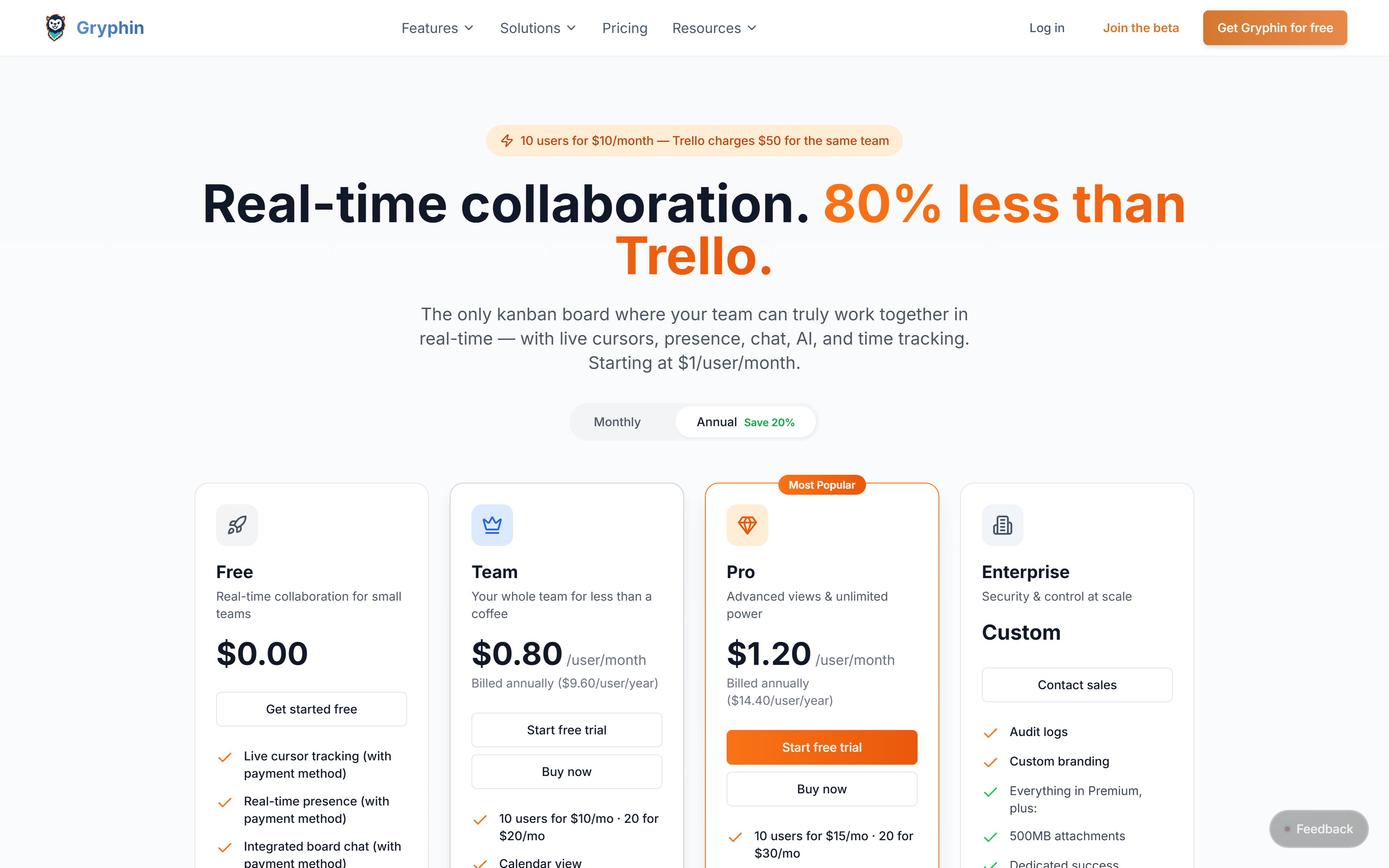 Pricing wedge — Free, Team at $0.80/user, Pro at $1.20/user, plus Enterprise