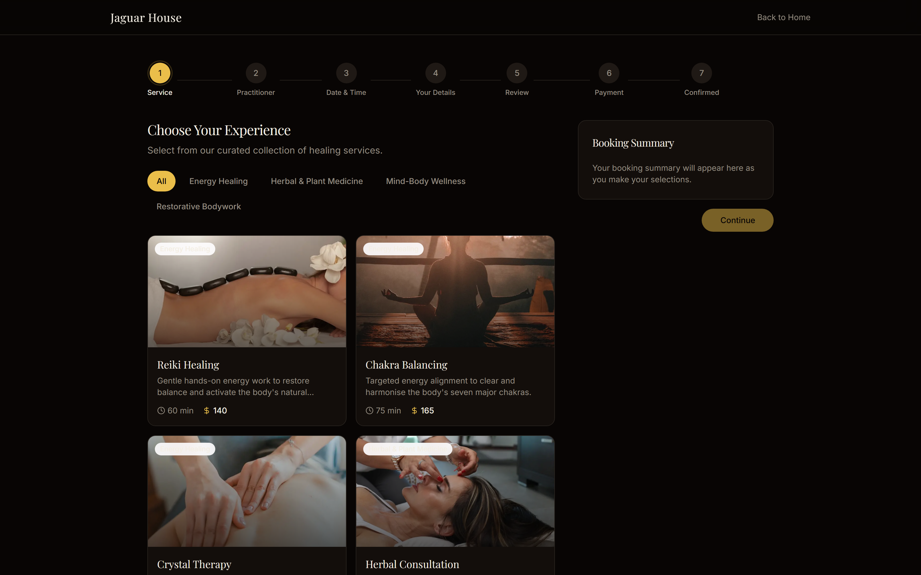 Seven-step booking flow — service, practitioner, time, details, payment
