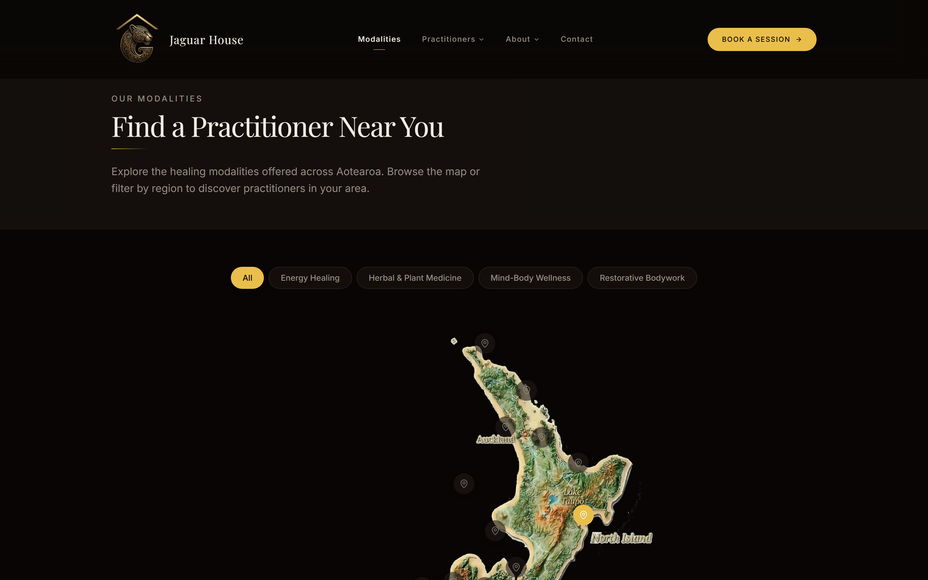 Interactive map of practitioners across Aotearoa, filtered by modality