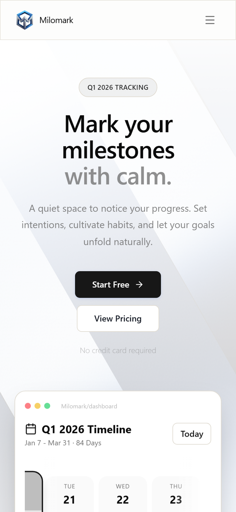 Mobile timeline — quarterly view, gentle progress rings